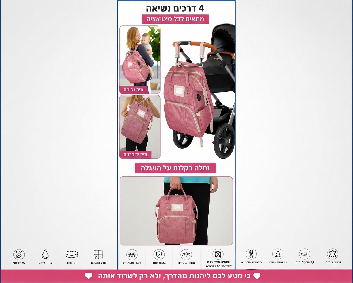 תיק אמא 3-ב-1 – כל מה שצריך לתינוק, מסודר ונגיש במקום אחד